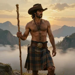 a dramatic epic beautiful ethereal painting of a shirtless rugged desi cowboy | he has a hairy chest and is wearing a plaid kilt and cowboy hat, and holding a long wooden staff | background is mountain peaks and clouds | dramatic lighting, golden hour, homoerotic, realistic, art nouveau | by mark maggiori | trending on artstation