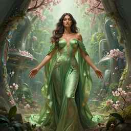 portrait of Adriana Lima as a  everreaching Goddess of despair, a futuristic diety, inside future fighter, sci-fi, fantasy, intricate, lush garden spaceship with sakura season flowers, elegant, human anatomy, royal green and nature light, highly detailed, digital painting, artstation, concept art, smooth, sharp focus, illustration, art by tian zi and WLOP and alphonse mucha, masterpiece, 3d blender