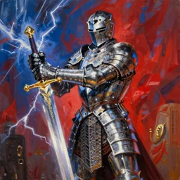 a detailed and vibrant portrait painting inspired by beksinski of a powerful paladin wearing a full metal plate armor and holding a sword shooting lightning
