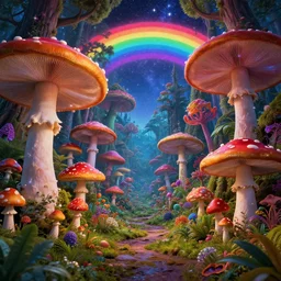 a photorealistic portrait, psychedelic fantasy wonderland, mushrooms, colorful rainbow, professionally retouched, soft lighting, hyper realistic, forest, colorful detailed starry sky, wide angle, sharp focus, 8 k high definition, 6 4 megapixels, insanely detailed, stunningly beautiful