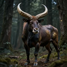 artistic photo of minotaur in the forest, dim light, extremely detailed, gold accents
