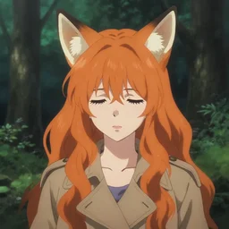 girl with fox ears, tired eyes, long wavy orange hair, light brown trenchcoat, forest background, focus on face, pretty, moody lighting, painterly, illustration by shigenori soejima