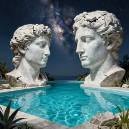 Victor Brauner, minimalistic, hyperrealistic surrealism, award winning masterpiece with incredible details, epic stunning, infinity pool, a surreal vaporwave liminal space, highly detailed, trending on ArtStation, artgerm and greg rutkowski and alphonse mucha, daily deviation, IAMAG, broken giant marble head statue ruins, nightscape, milkyway