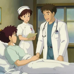 an anime scene featuring Chris Pratt as a doctor talking with a patient in bed who is Chris Pratt, a nurse who is Chris Pratt stands nearby with a chart, studio Ghibli