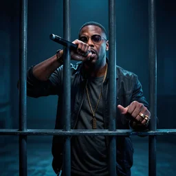 miles bridges, fortnite, unreal engine, rapping behind jail cell, moody lighting