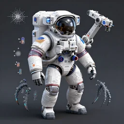 a cybernetic symbiosis cybernetic mech astronaut sniper in a nasa eva suit with small nixie tube barnacles, nasa eva suit : 1 0 0 0, by beeple, white fractals, small nixie tubes, nasa canadarm 2 : 9 0 0, maxillipeds, chelicerae, chelate appendages, : 1, by mari k on artstation, voxel pusher, metarchitect, cube lover, artstation.