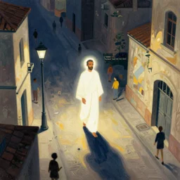 a holy man followed by a floating light wandering the streets of a city, high angle, stylized, sparse detail, by remedios varo, picasso and moebius
