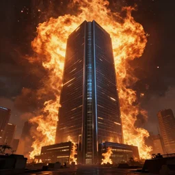 single cyber building in fire storm highly detailed, movie scene, dramatic lighting, concept art