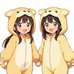 two excited and happy anime girls in animal themed onesies holding hands looking at us, anime illustrated, digital art, hand drawn