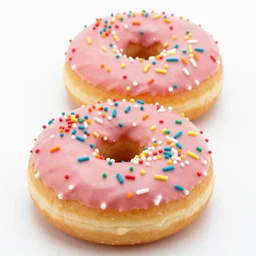 two donuts with pink icing and colorful sprinkles on a white background but as photo, close up, studio lighting, detailed, photography, 82 mm sigma art
