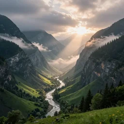 landscape, mountain, gorge, narrow valley!!!!!!!!!!!!, meadow!!!!!!!, forest, river, photoreal, dawn, sunrise, fog, clouds, god rays, sunlight, rays, beautiful!!!!!!!!!!!!!!!!!!!!, greg rutkowski!!!!!!!!!!!!, cinematic, atmospheric