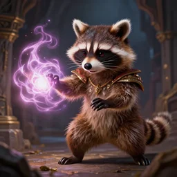 closeup 3 5 mm anthropomorphic royal warlock raccoon casting a glowing energy spell in a dungeon, magic the gathering, d & d, fantasy, intricate, action pose, elegant, particle effects, highly detailed, digital painting, artstation, concept art, matte, sharp focus, volumetric lighting, illustration, hearthstone, art by artgerm, wlop, greg rutkowski and alphonse mucha