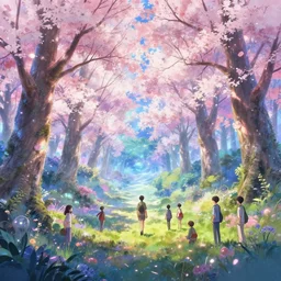 spiritual journey through an infinite glowing colorful magical forest, sakura trees, sakura season dynamic lighting, landscape, artwork by jeremy lipkin and giuseppe dangelico pino and michael garmash and rob rey and greg manchess and huang guangjian and makoto shinkai, pixiv, 1 0 0 mm