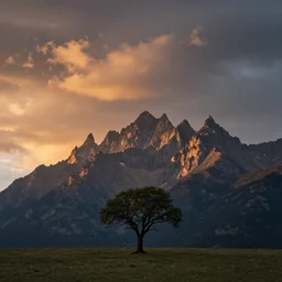 award winning landscape photography by colin prior, lone tree in foreground with jagged mountains in background, sunset, dramatic lighting, clouds, atmospheric