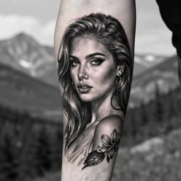 a beautiful woman against a background of beautiful mountains and nature, realism tattoo design, in the style of den yakovlev, black and white, hyper realistic, highly detailed