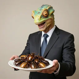 reptilian humanoid man in a suit holding out a plate full of bugs while smiling