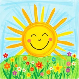 sun with laughing face over a meadow with colorful flowers children drawing