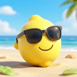 an octane render of a smiling lemon with sunglasses on the beach