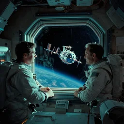 aboard the international space station, teal lighting, cozy lighting, space seen outside from a window, by Syd Mead, John Harris, Federico Pelat