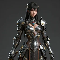 hyper realistic glorious ancient assassin girl in a obsidian metal armor, futuristic design, designed by makoto kobayashi and luca zampriolo, portrait, sexy style, wood and gold details, intricate, extremely detailed, ornate, deep of field, hard surface, exoskeleton, substance designer metal unreal engine. amazing likeness. very detailed.