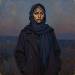 dreamy detailed portrait in femininity, realistic sculpted features, ethnic, melanin, deep clear eyes, statuesque, coat and scarf, twilight, chiaroscuro, islamic color palette, brushy impressionism, impasto, arabesque, contemporary fashion, deep rich hues, oil on canvas