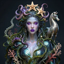 front view portrait of a beautiful nordic water goddess, fish scale skin, purple eyes, purple lips, entwined in seaweed and coral, an octopus and starfish crown, seahorse, highly detailed, sci - fi, intricate, decadent, octane render, concept art, smooth, sharp focus, hyper - realistic