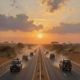 Ignacio Bazan Lazcano Lee painting of a vehicular battle on an African highway overpass, hazy sunset with dramatic clouds, wide angle lens, low camera view, asymmetrical, trending on Artstation, High quality image