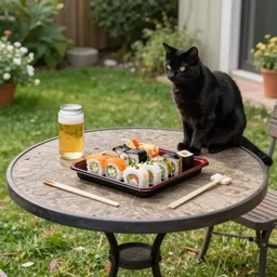 a tray of sushi and a beer can on a big round garden table on a grassy terrace, a black cat. trending on artstation