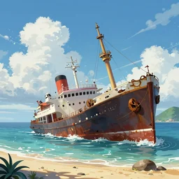 an illustration of a shipwreck next to a tropical island, highly detailed, artstation, digital painting