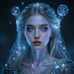 robed female astral projecting, highly detailed face, airbrush, magick, technology, sigils, royo, led lights, glowing orbs, crystal shimmers,