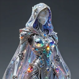 cybernetic crystal assassin, award winning concept render, realistic, intricate linework, beautiful spectrum of colorful gems, cyborg, glowing, baroque, hooded, ornate!!!, futuristic, detailed, magical, wlop, chebokha, rutkowski, artgerm