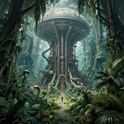 epic alien jungle by zdzisław beksinski, greg rutkowski inside a giant futuristic factory by zaha hadid, inspired by a documentary fractal universe