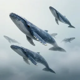 several whales are flying in the sky, the ground is foggy, hd, 3 a game style