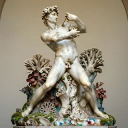 beautiful epic intricate colourful marble warrior corals sculpture by michelangelo buonarroti and by gian lorenzo bernini, colour paint splashes, covered in moss