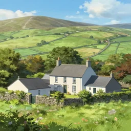 irish homestead in the countryside amidst rolling hills, highly detailed, digital painting, concept art, sharp focus, by makoto shinkai