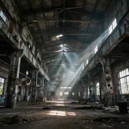 abandoned industrial factory interior, god rays, digital art, trending on artstation