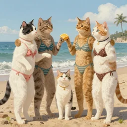 anthropomorphized cats wearing biquinis, having fun at the beach, art nouveau