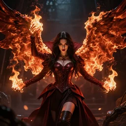 young vampire princess witch summons with burning wings 4 k high definition dramatic lighting artstation trending path traced contrast light and dark cinematic breathtaking by gustave dore, noriyoshi ohrai and patrick woodroffe