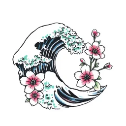 a tattoo design of a japanese wave and sakura flowers, in the style of graffiti, bold lines