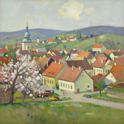 an edward hopper style painting of a ( ( ( ( ( ( ( ( small town csorna ) ) ) ) ) ) ) ) in hungary, spring, april of 1 9 5 5