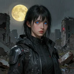 A portrait of a blue eye girl, ruins of a destroyed city and a yellow-red full moon on background, techwear, dark, rainy atmosphere, natural volumetric light, intricate, highly detailed, digital painting, concept art, sharp focus, illustration, art by greg rutkowski, matte painting, trending on artstation