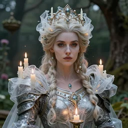 epic ultra detailed realistic portrait of beautiful queen in incredible armor made of candles and translucent fabric. in the garden.. magic, concept art, incredible face. intricate, elegant. by basil gogos. art by wlop and artgerm and greg rutkowski and andrei riabovitchev. medieval background my james jeand