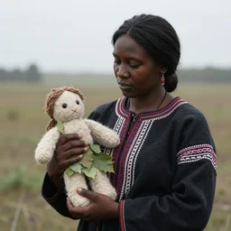 dark - skinned tribal woman, holds a doll made out of wool and leaves, by nikolay makovsky.