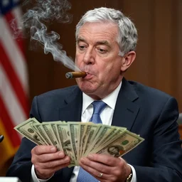 jerome powell smoking a cigar, holding lots of money