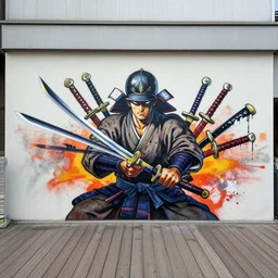 graffiti mural, a samurai showing off a collection of swords, located on a boardwalk in tokyo japan, by frank frazetta, yoji shinkawa, james jean, banksy, beeple, stik, jeff koons, takashi murakami, gary baseman, jim lee, ryan ottley, quentin tarantino film, a 1 one, shepard fairey