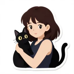 girl with black cat, sticker, white background, by rossdraws, ghibli