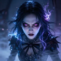 photorealistic full shot of masterpiece angry darkness anime girl, beautifull lovely eyes, electric aura with particles, inspired by tim burton, detailed, unreal engine 4 k, volumetric light, fog
