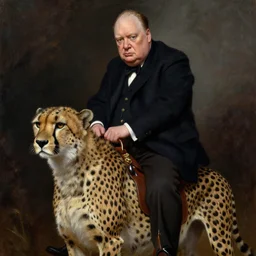 Classical oil painting of Winston Churchill riding a cheetah beautiful, dark fantasy, by Frank Franzetta, matte painting, trending in artstation artstationHD, artstationHQ, cgsociety, detailed faces, ultra HD, 8k