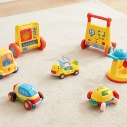 photograph of various kid toys on the carpet, hyperrealism, photo realistic