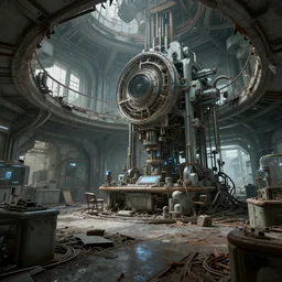 a abandoned and ruined futuristic lab, destroyed technology, hyperrealistic, concept art, octane render, unreal engine 5, path tracing, advanced technology, soft lighting, ruined, alien, high quality, highly detailed, 8K, complementary colors, cgsociety
